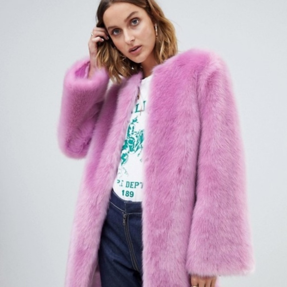 NWT ASOS DESIGN Flared Sleeve Faux Fur Midi Coat - Picture 2 of 4